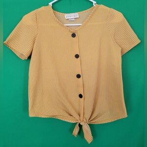 Glitter Girl Yellow Striped Shirt Crop Top Summer Size 10/12 Stretchy Button Up